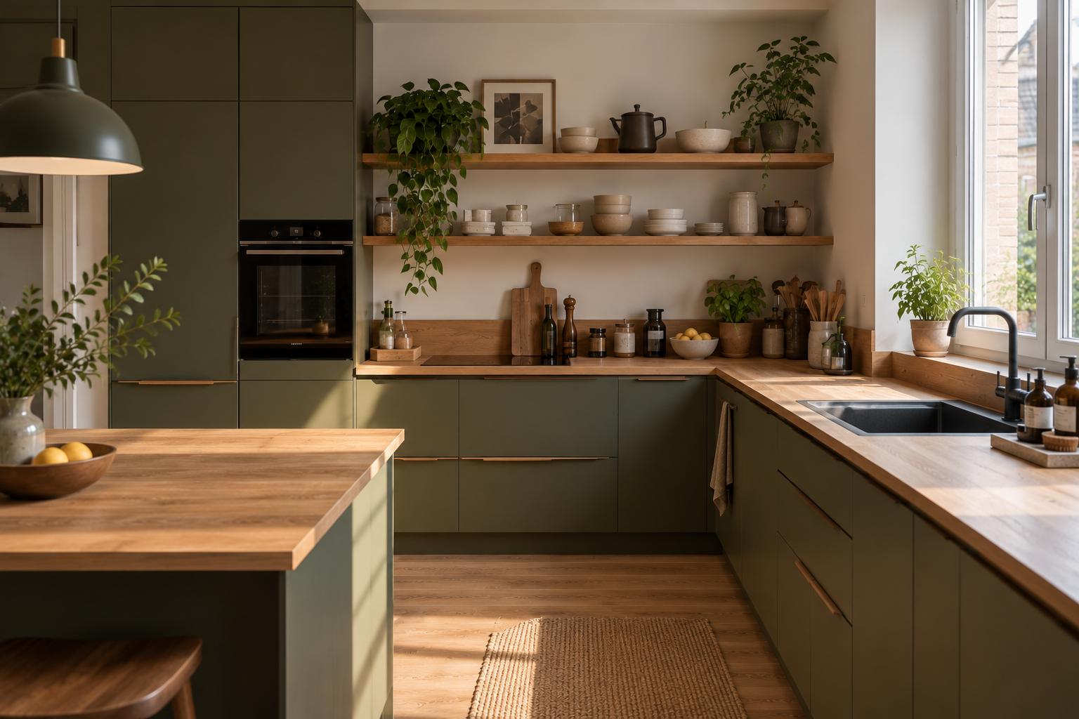Cuisine sur mesure aux façades vert olive